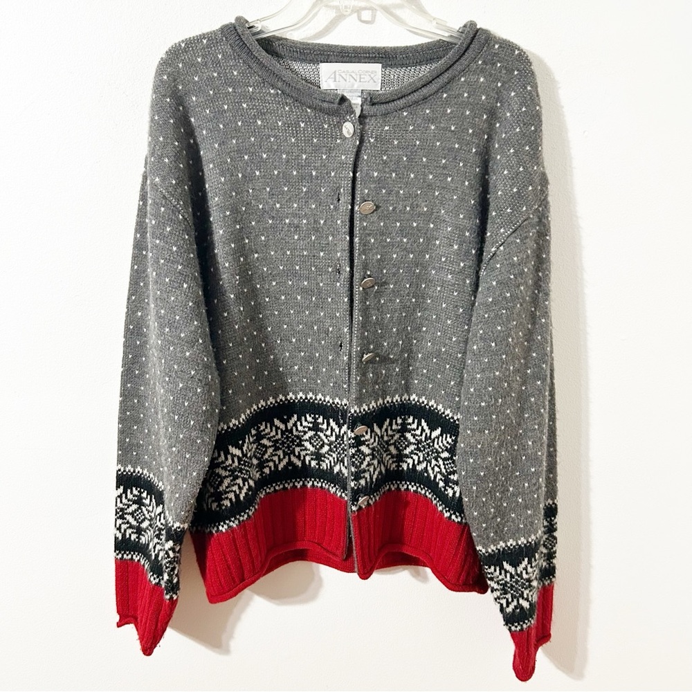 Vintage Casual Corner Annex Gray and Red Cardigan Icelandic Nordic Style Sweater